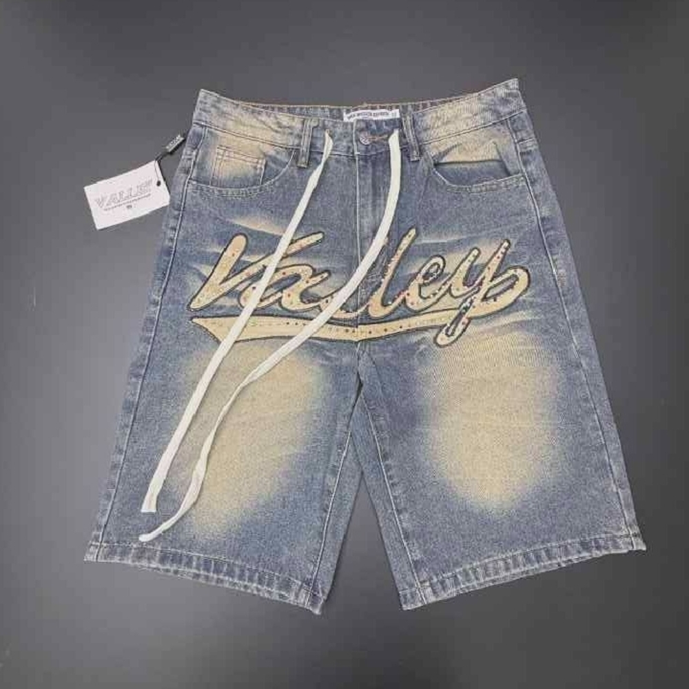 Men's Blue Washed Denim Jean Shorts with Cream Script Accent